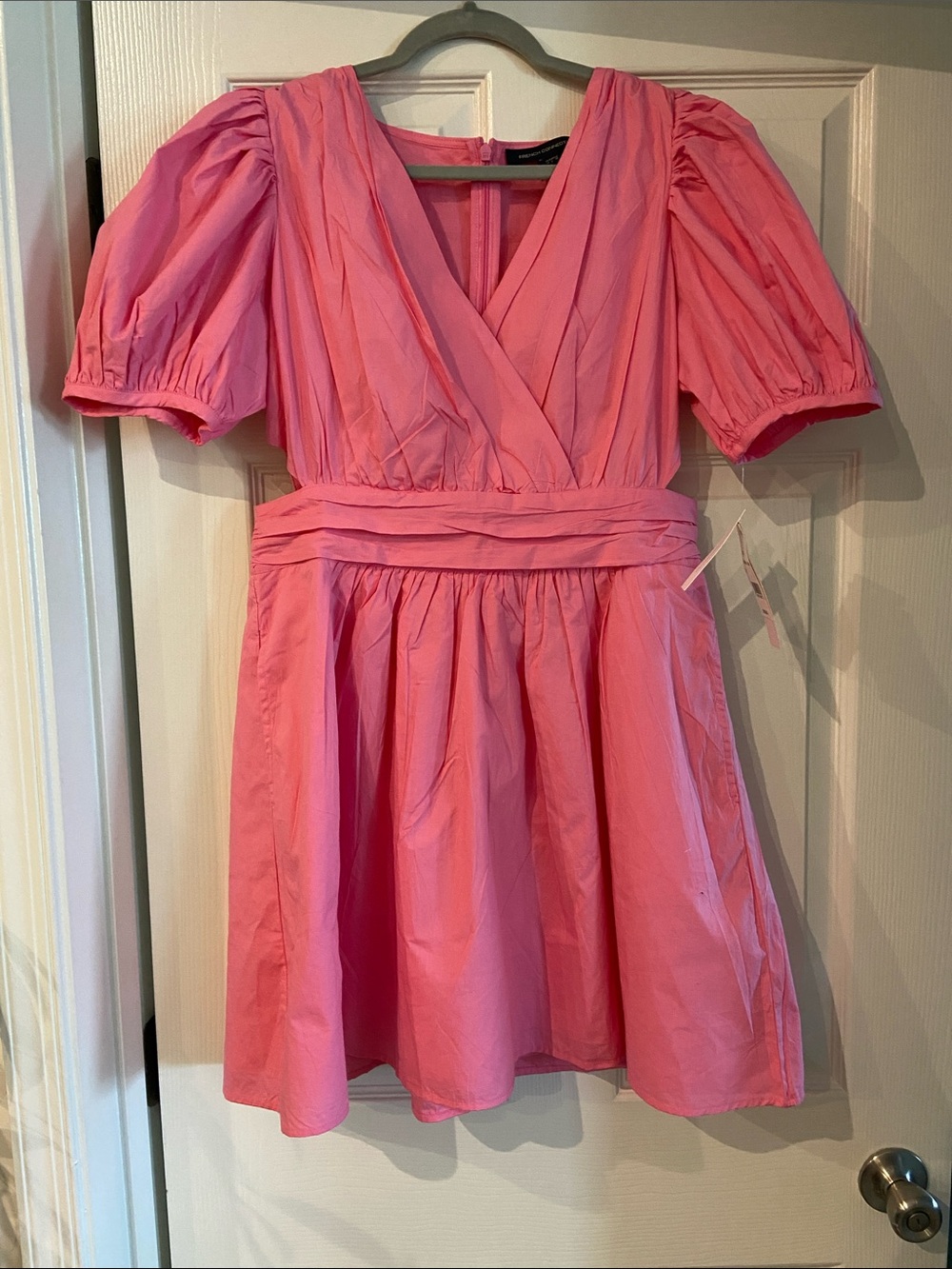 French Connection Pink V-Neck Puff Sleeve Dress with cutouts